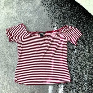 Red and white stripe lettuce trim shirt